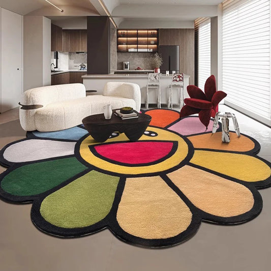 VIKAMA Sunflower Round Pile Rug Premium Color Dopamine Sofa Coffee Table Rug Irregular Home Decoration Bedroom Floor Mat